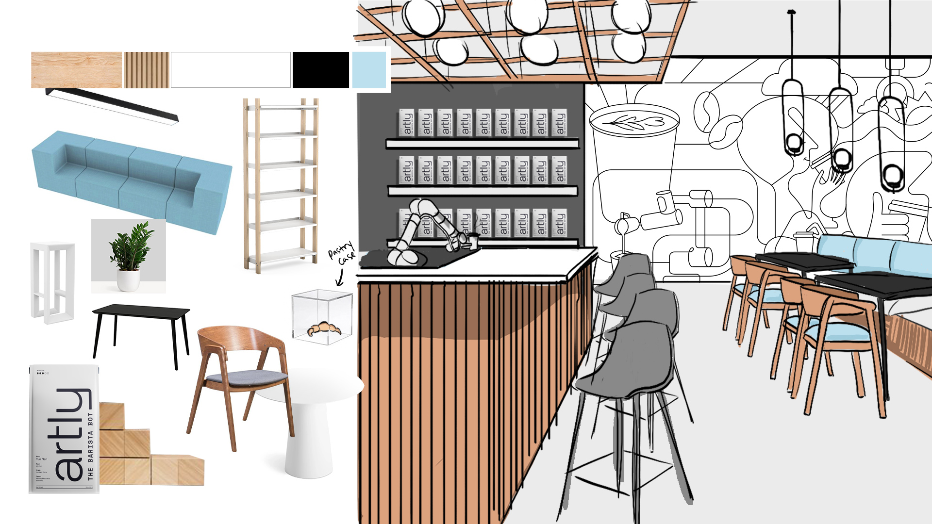 An illustration visualizes what an Artly retail space would look like compete with wood paneling on the bar, bar stools, and a powder blue couch with Artly illustrations adorning the walls.