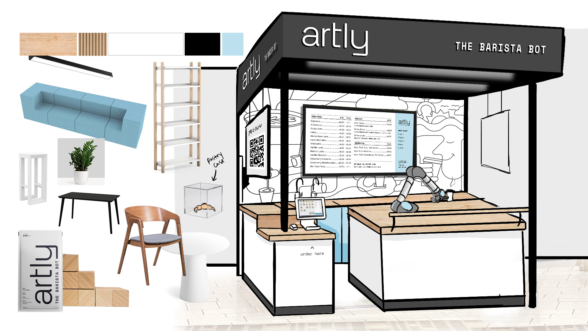 A freestanding Artly space would feature illustrations behind the counter, a screen from which people can order, and the robot arm making drinks.