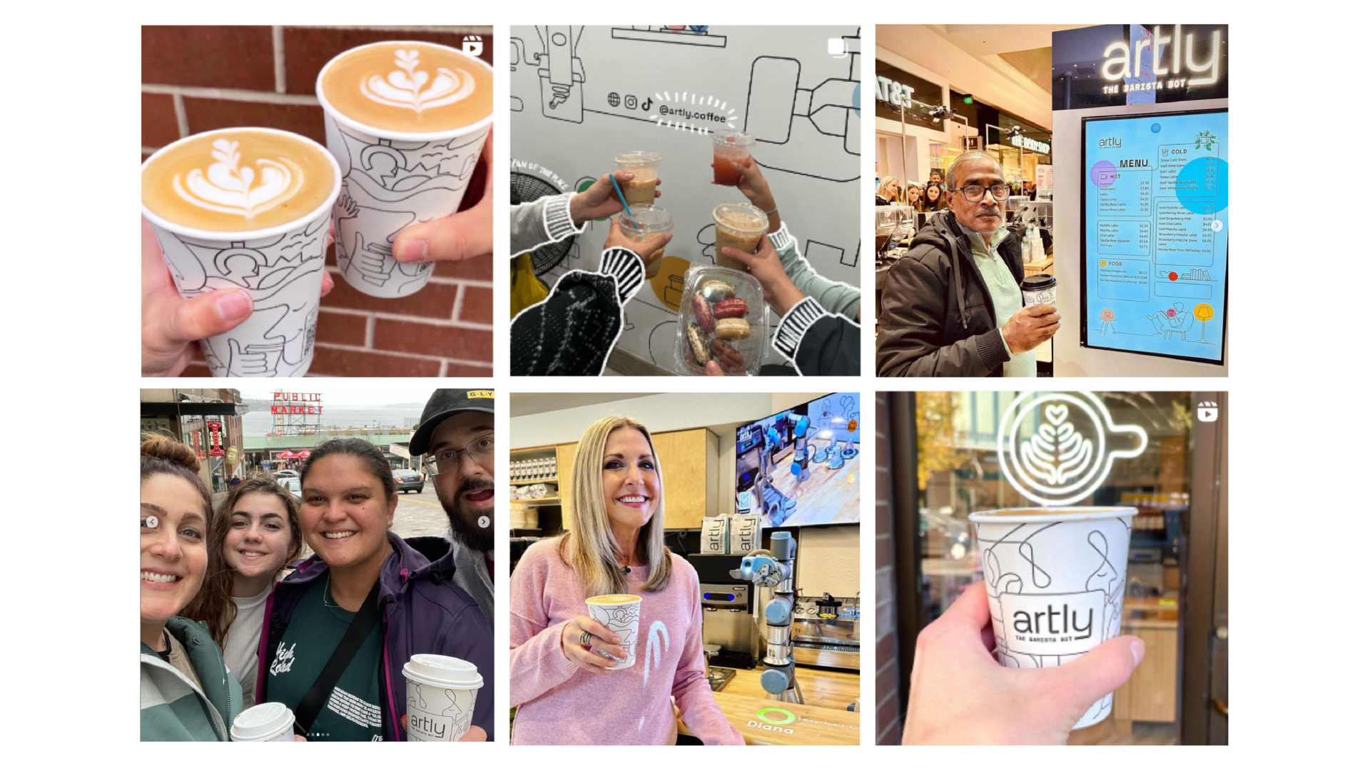 A series of six photos shows customers with their Artly drinks. Whether they’re cheers-ing or posing with the robot arm, everyone seems to be having a great time.