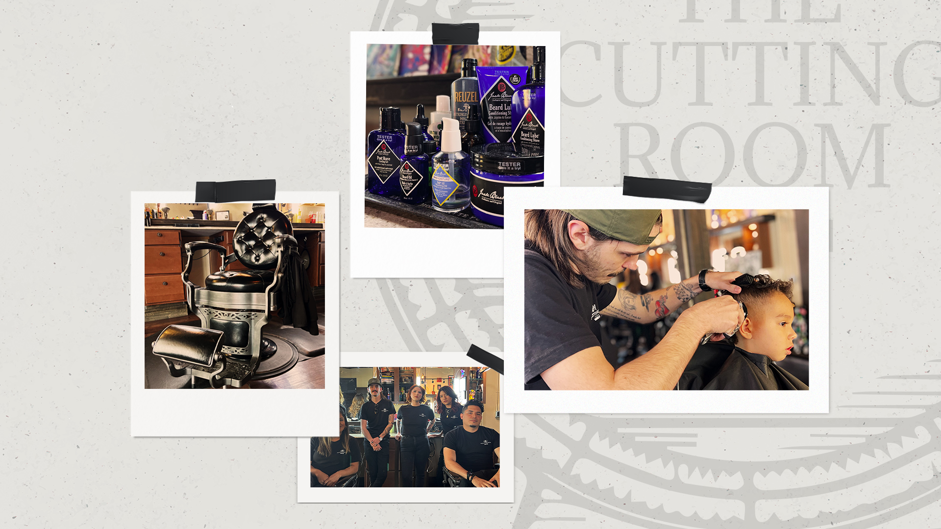 Some of the images we used to create social posts includes a chair from inside the salon, the Jack Black products used on clients, a boy getting the side of his head shaved, and the stylists who work there.