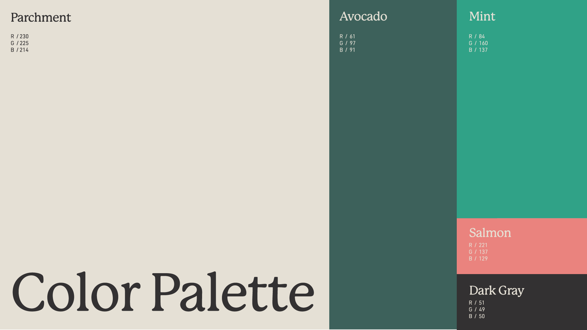 The Little Collins color palette is primarily parchment and avocado colors with pops of mint, salmon, and dark gray.