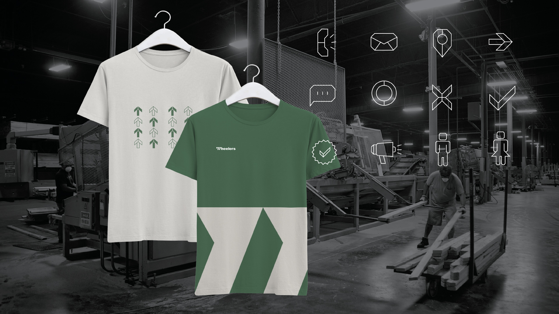 The Wheelers plant is in the background. In the foreground are two custom shirts. The cream shirt green arrows mimicking a truss peak. The green shirt has a cream colored Wheelers logo and zoomed in watermark. Next to the shirts are a series of geometric icons created for the site.